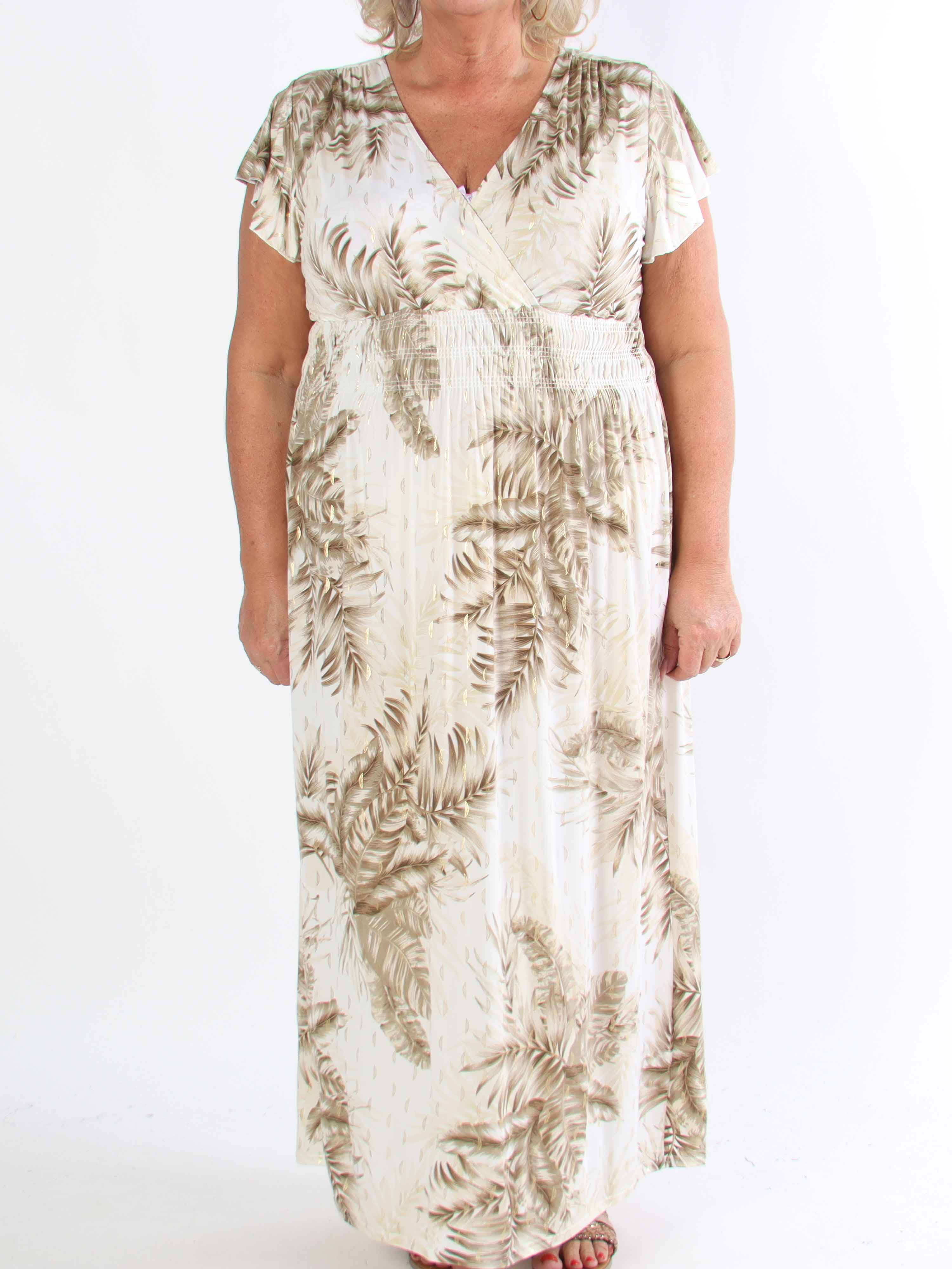 Palma - Plus size elastisk kjole med blade og flæseærmer